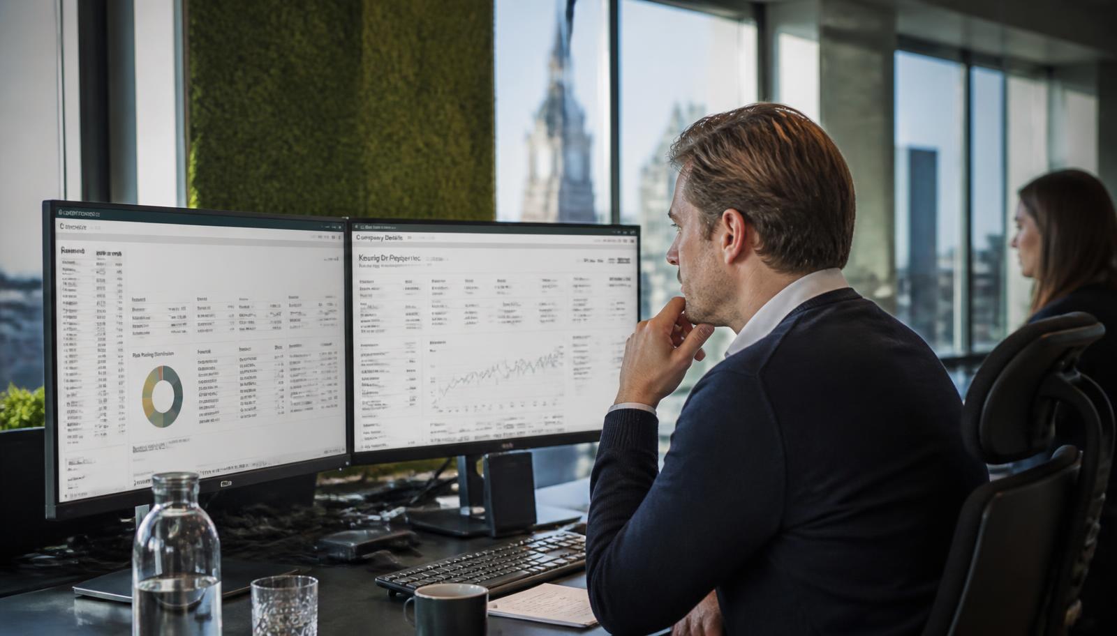 Kredietanalist beoordeelt handelsregisterdata, jaarcijfers en betaalgedrag van een bedrijf op twee beeldschermen