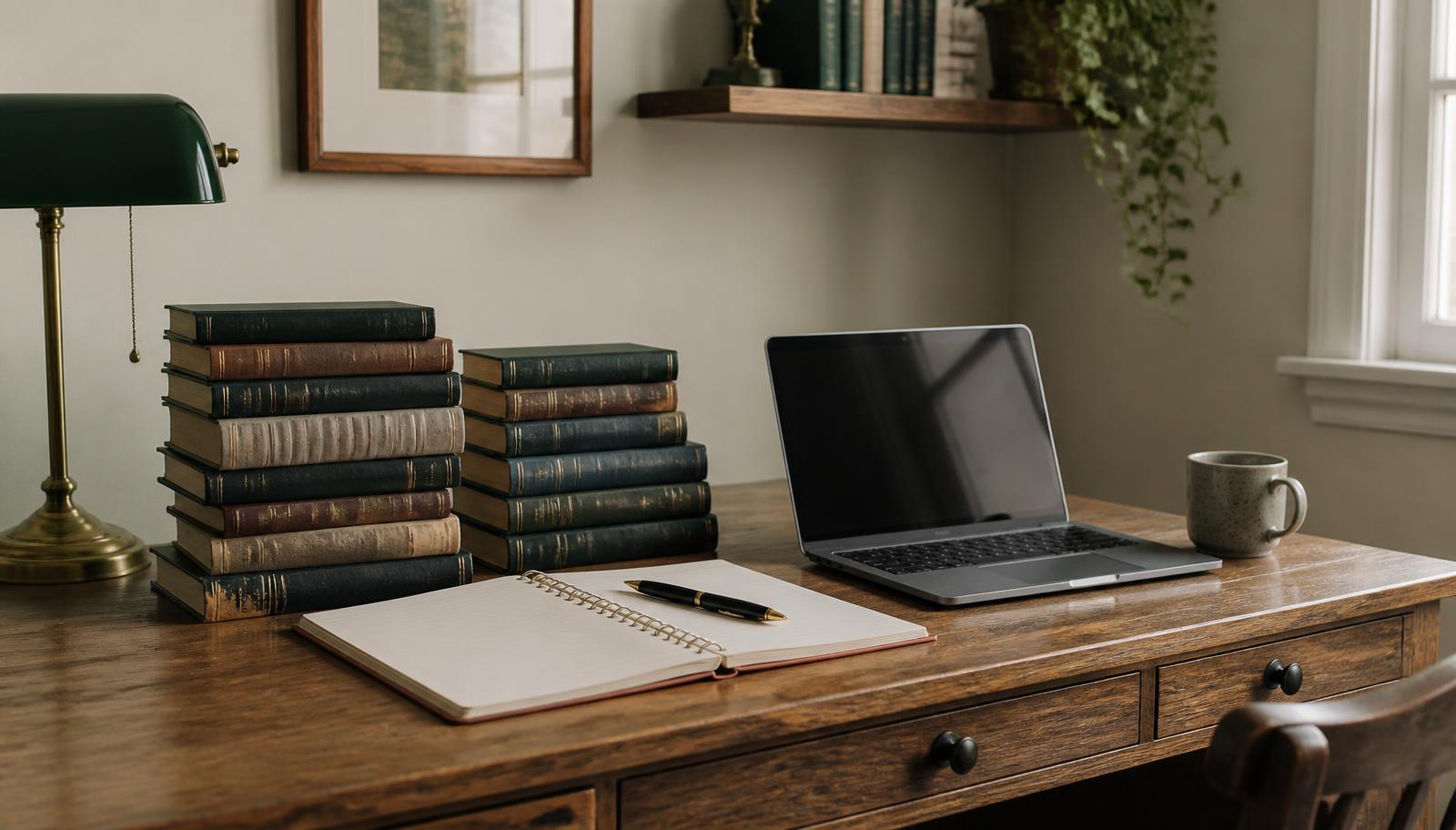 Werktafel met naslagwerken over krediet en financiering, een geopend notitieboek en een laptop bij daglicht