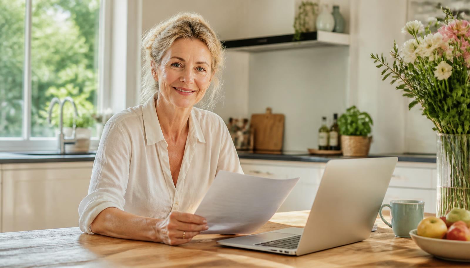 Kredietinformatie over personen — inzicht in betaalhistorie en kredietgegevens Lachende vrouw aan een zonnige keukentafel bekijkt met laptop en brief haar kredietgegevens