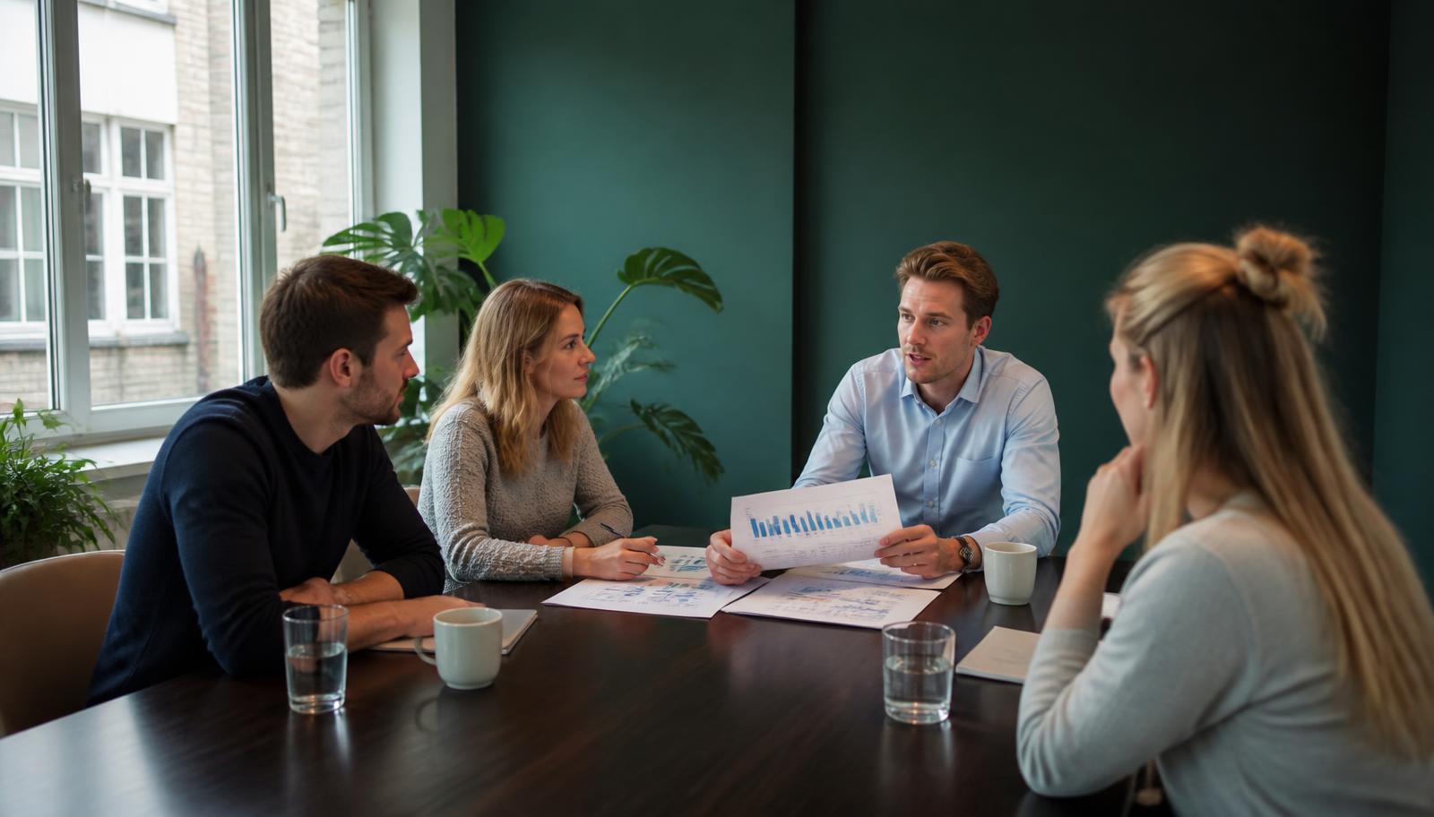 Zakelijke kredietinformatie — kredietrapporten als basis voor debiteurenbeslissingen Drie ondernemers bespreken kredietrapporten en debiteurencijfers aan een vergadertafel