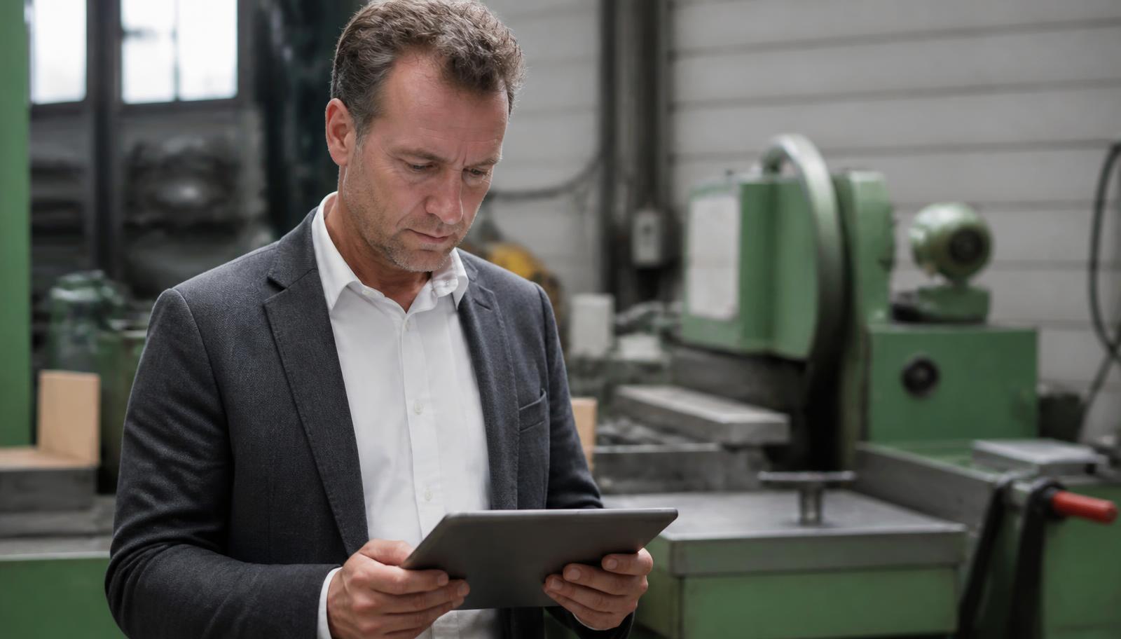 Zakelijke financiering — financieringsvormen vergelijken als ondernemer Ondernemer bekijkt financieringscijfers op een tablet in zijn productiehal met machines op de achtergrond